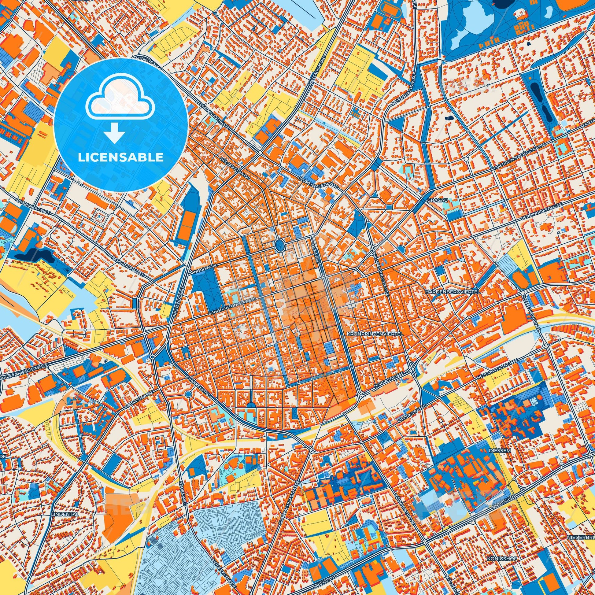 Colorful Krefeld Street Map with Labels and Buildings