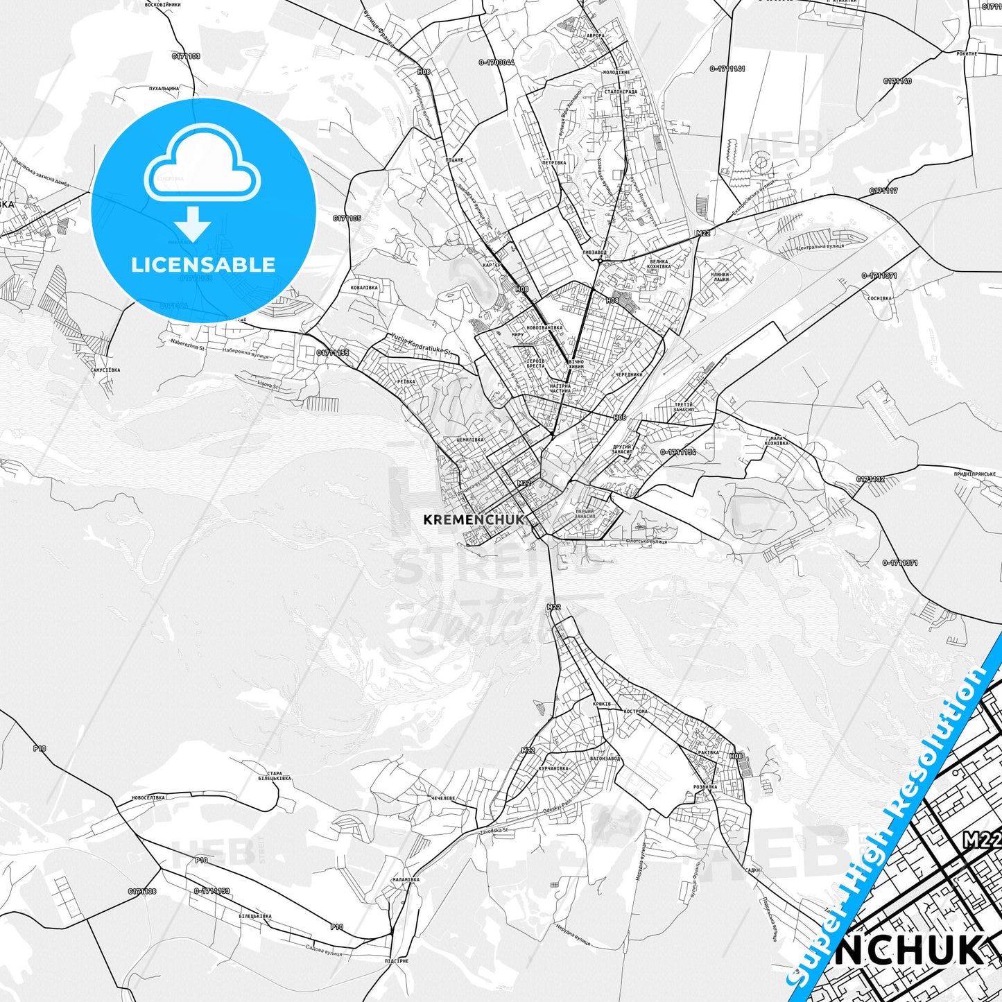 Kremenchuk, Ukraine light map with streetnames, citynames and districts