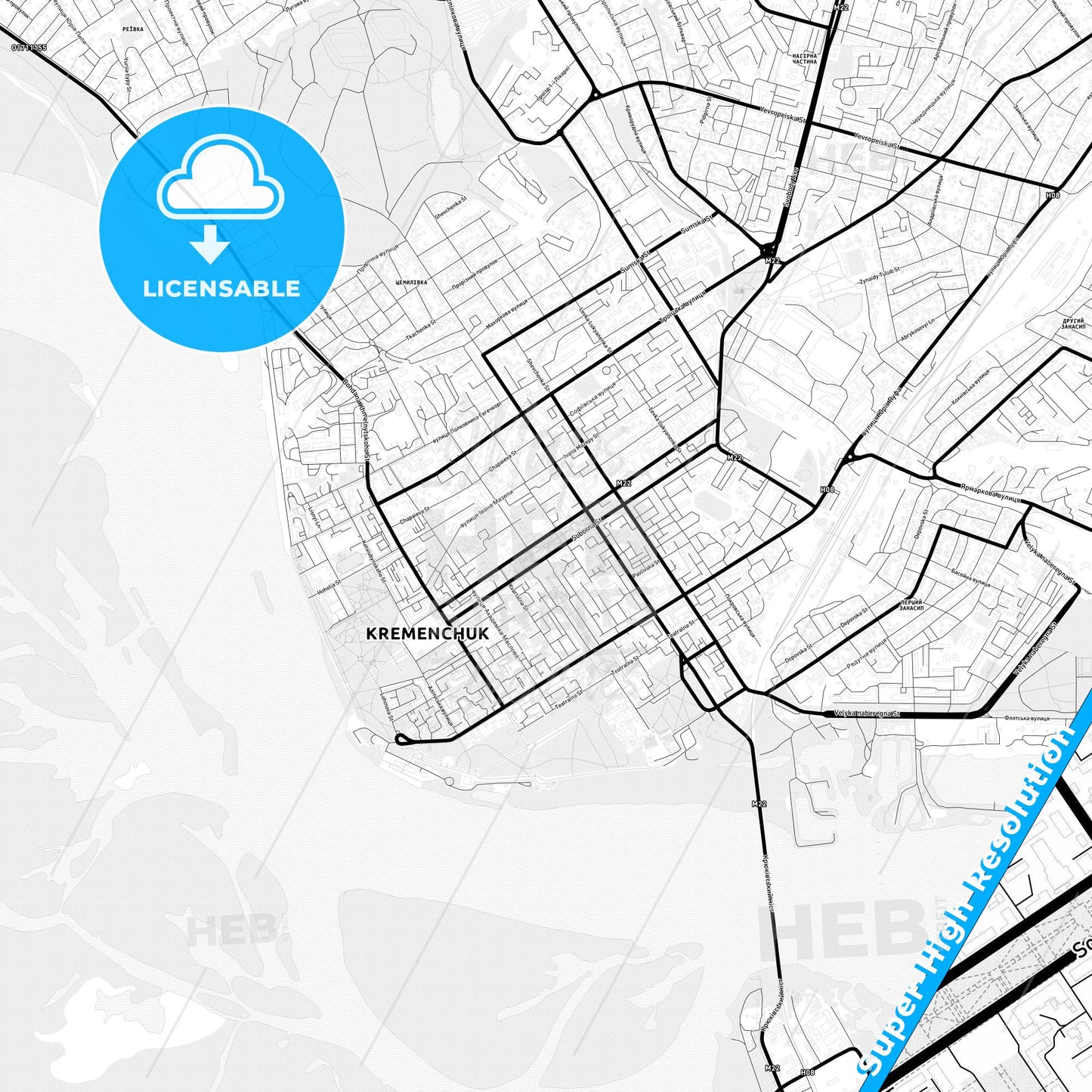 Kremenchuk, Ukraine Light Map with Street Names, City Names, and Districts