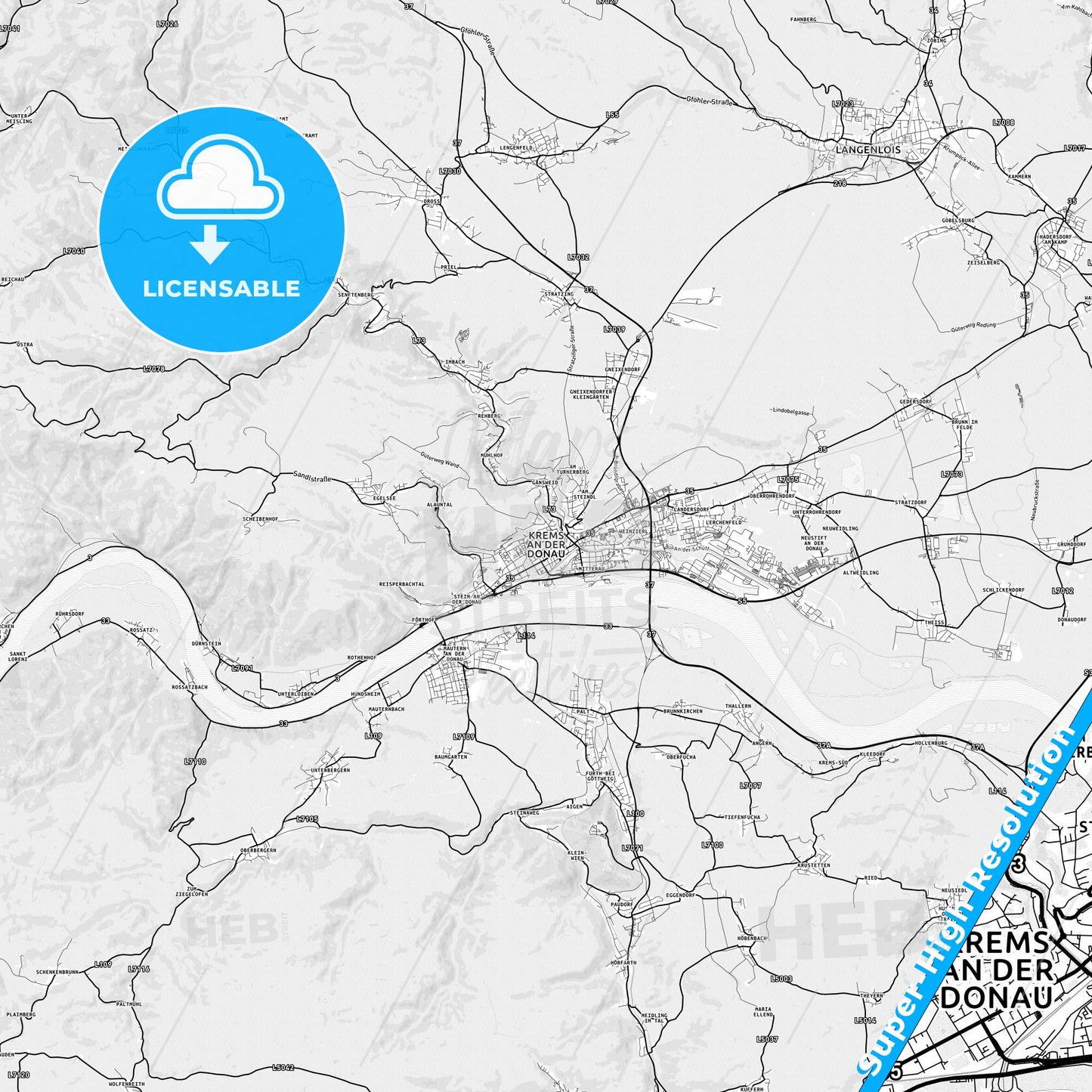 Krems, Austria light map with streetnames, citynames and districts