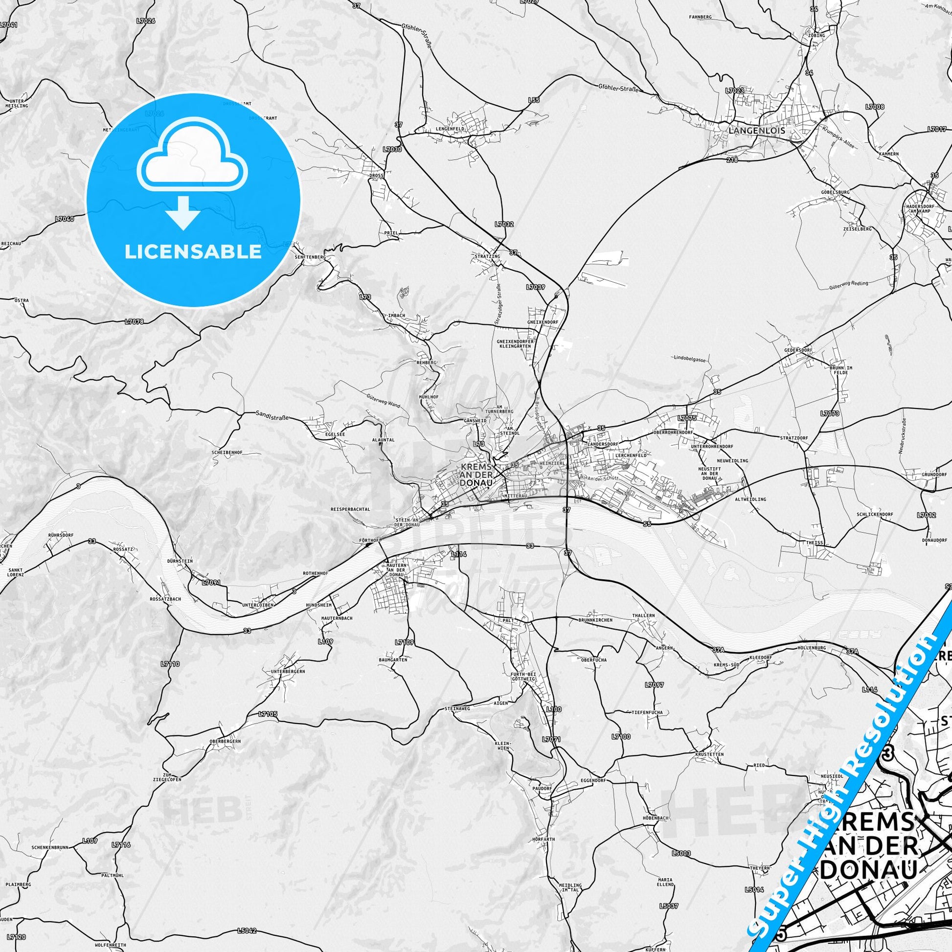 Krems, Austria light map with streetnames, citynames and districts