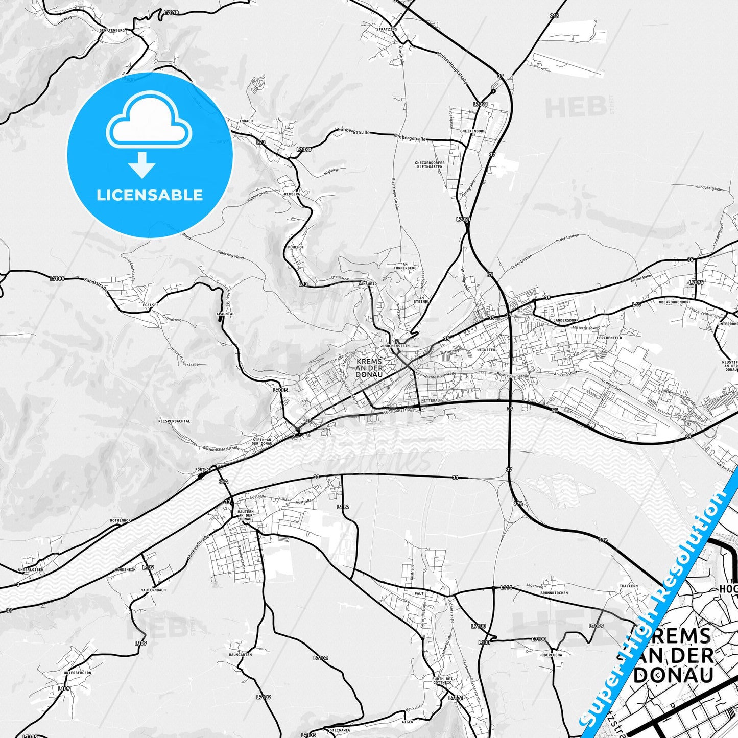 Krems, Austria Light Map with Street Names, City Names, and Districts