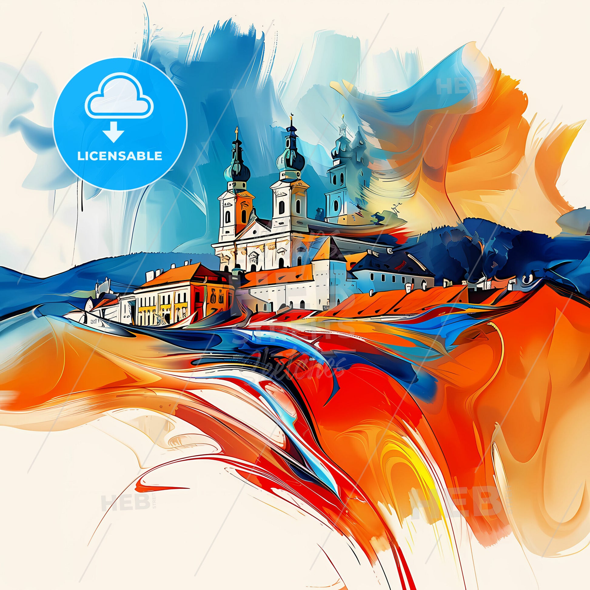 Vibrant Krems, Austria - A Painting Of A Building With Towers And A Colorful Background