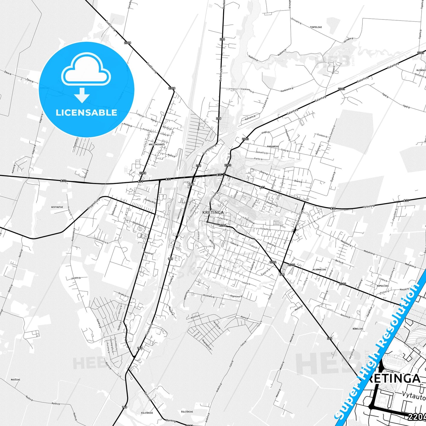 Kretinga, Lithuania Light Map with Street Names, City Names, and Districts