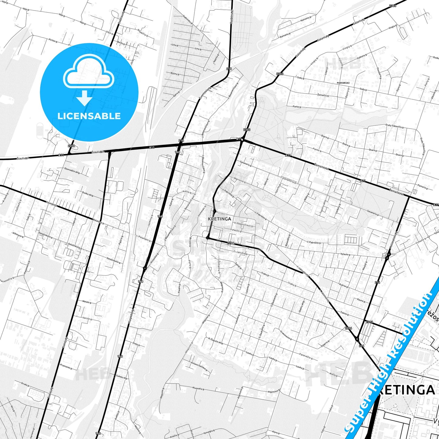 Kretinga, Lithuania Light Map with Street Names, City Names, and Districts