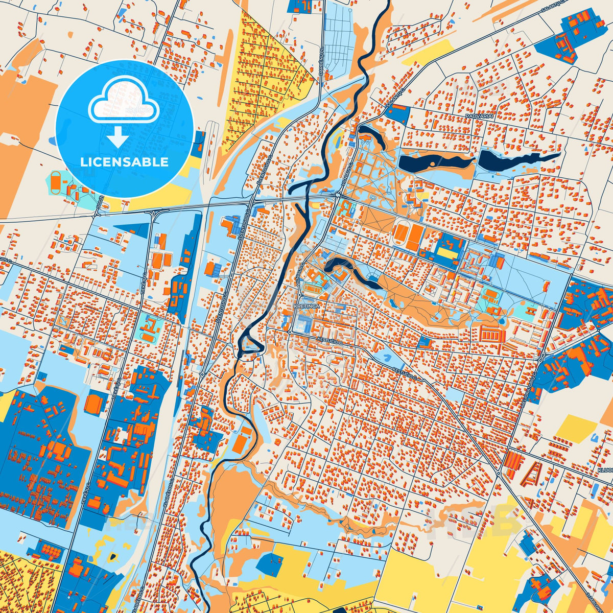 Colorful Kretinga Street Map with Labels and Buildings