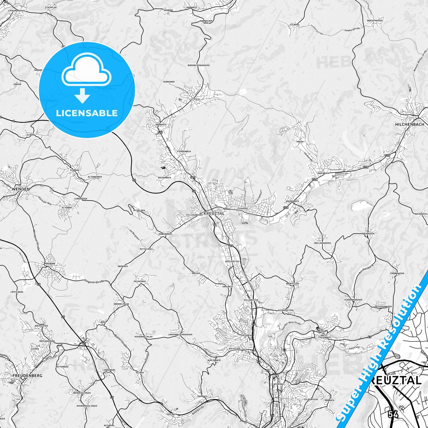 Kreuztal, Germany light map with streetnames, citynames and districts
