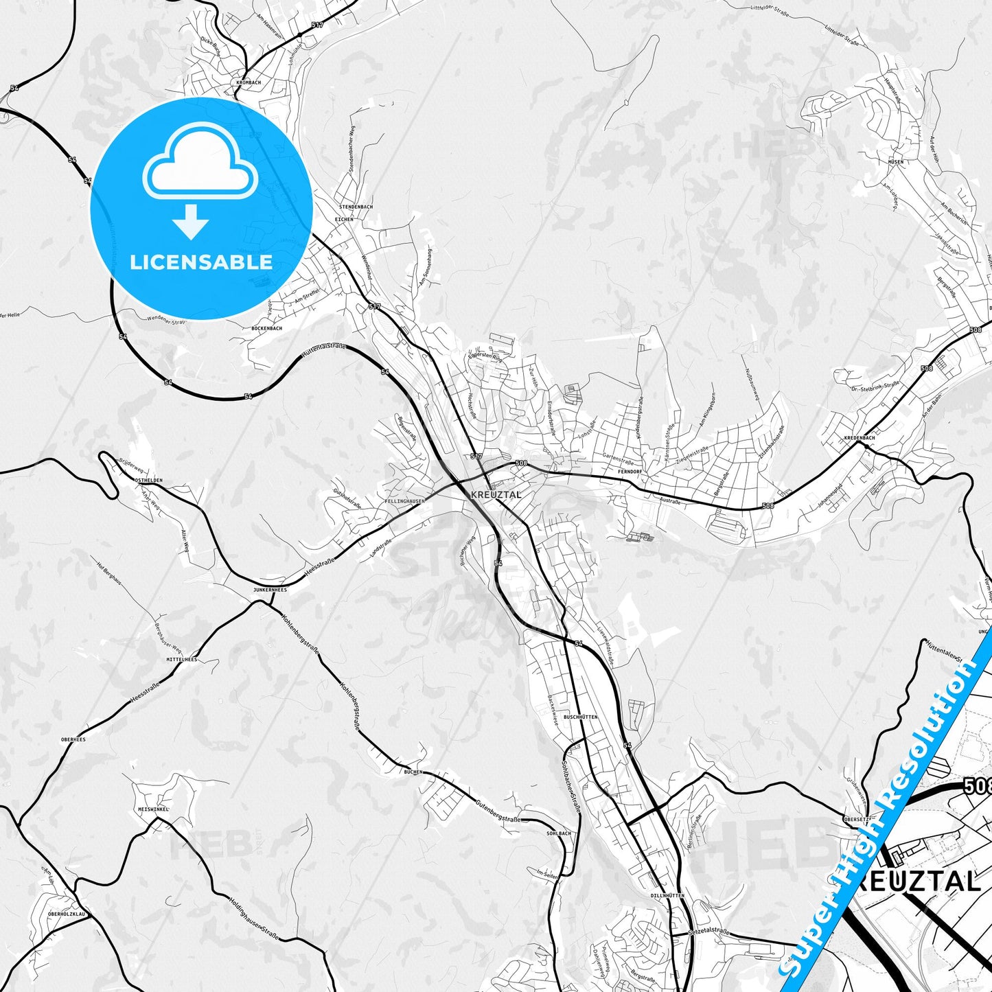 Kreuztal, Germany Light Map with Street Names, City Names, and Districts