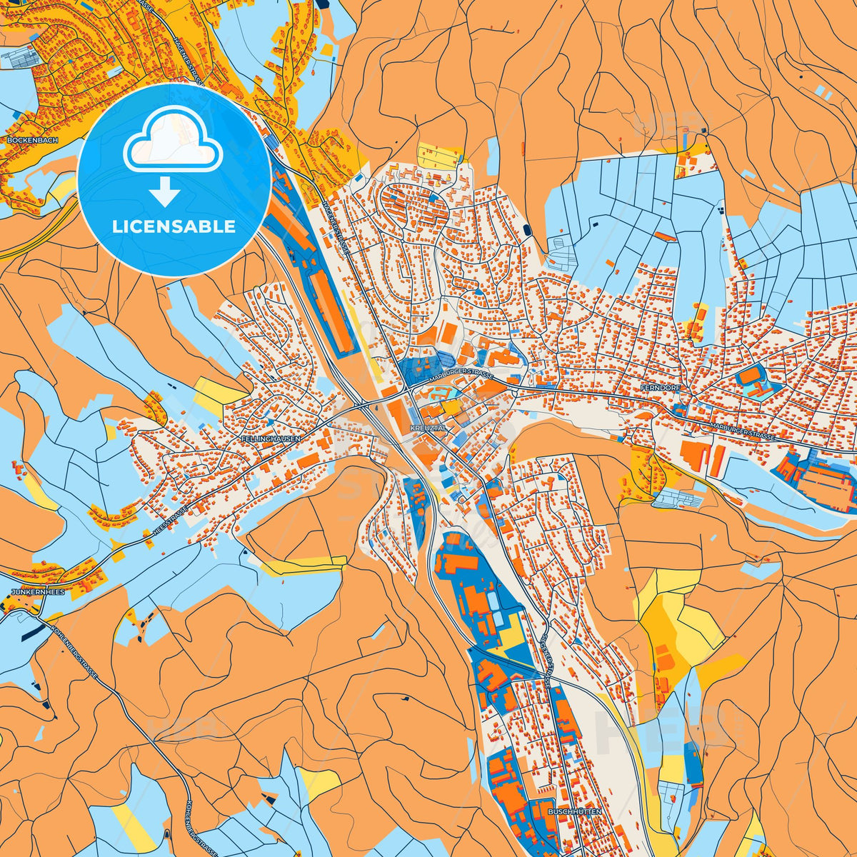 Colorful Kreuztal Street Map with Labels and Buildings