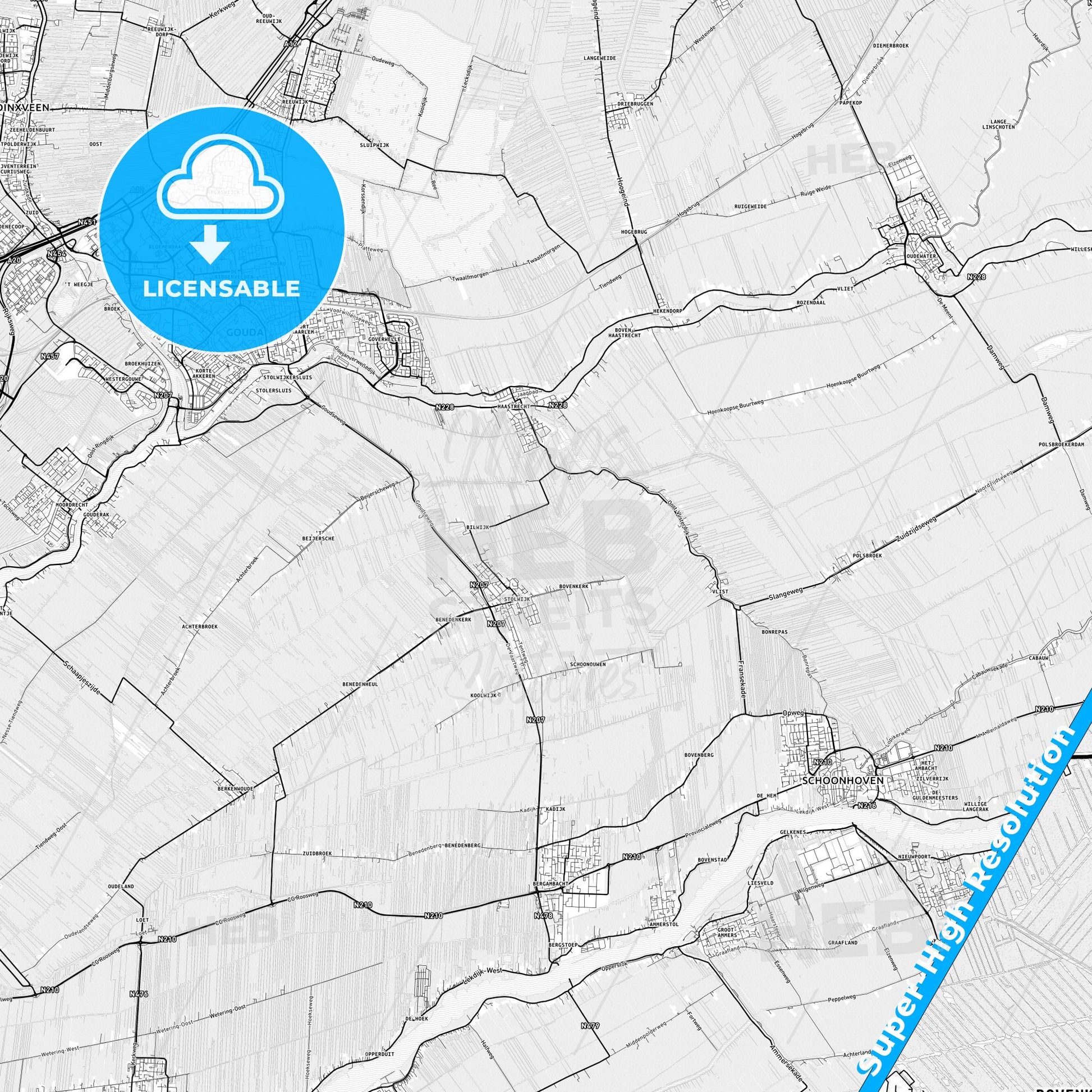 Krimpenerwaard, Netherlands light map with streetnames, citynames and districts