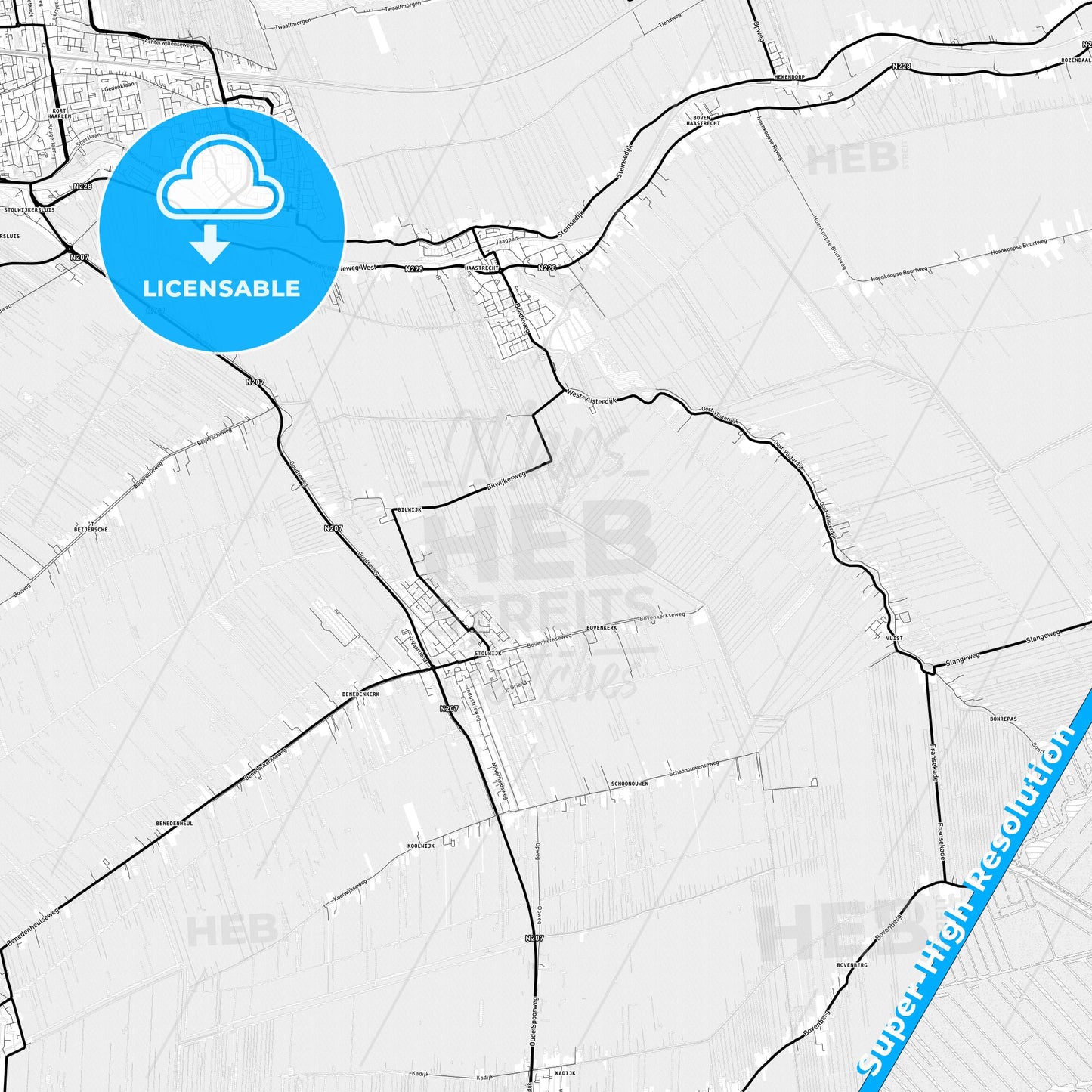 Krimpenerwaard, Netherlands Light Map with Street Names, City Names, and Districts