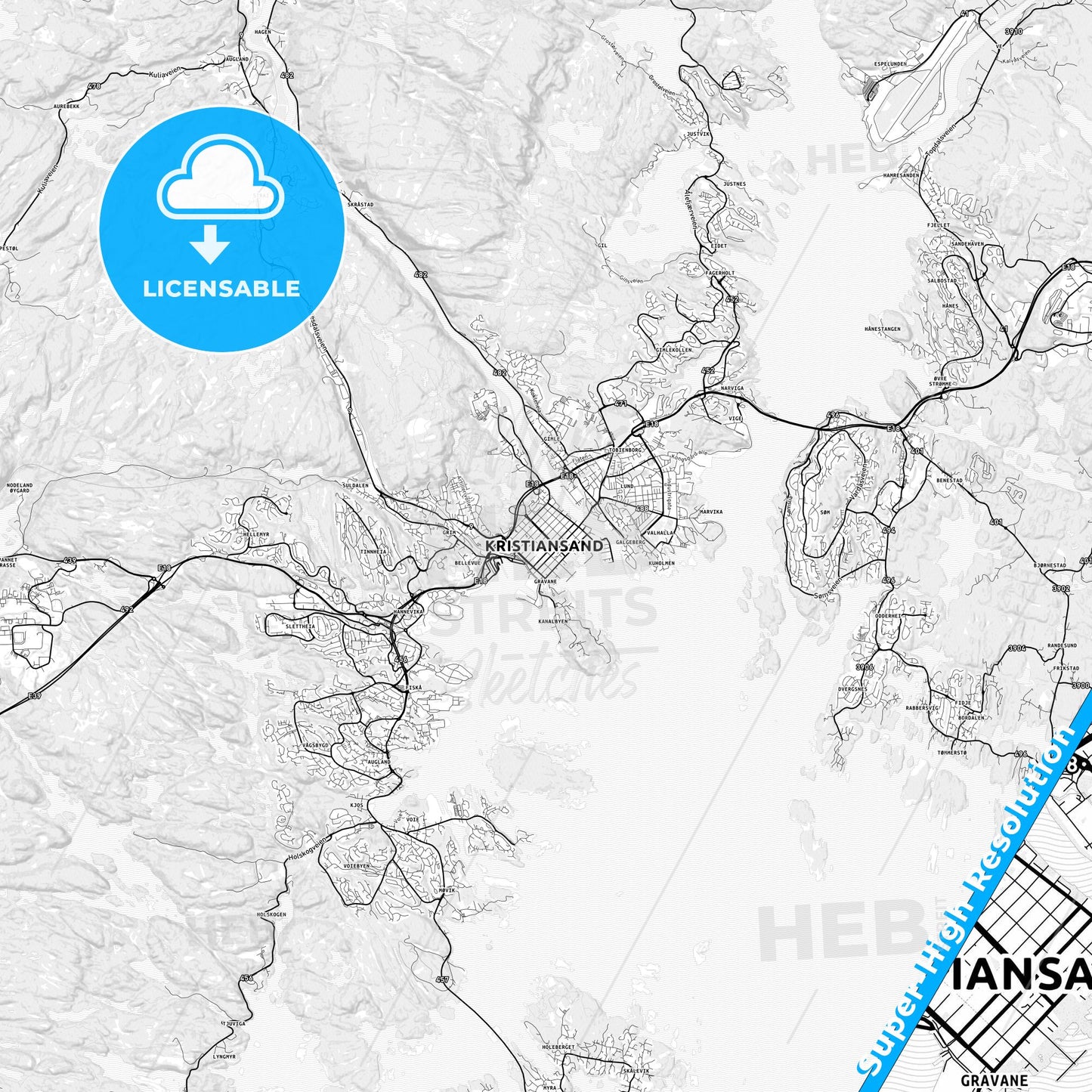 Kristiansand, Norway light map with streetnames, citynames and districts