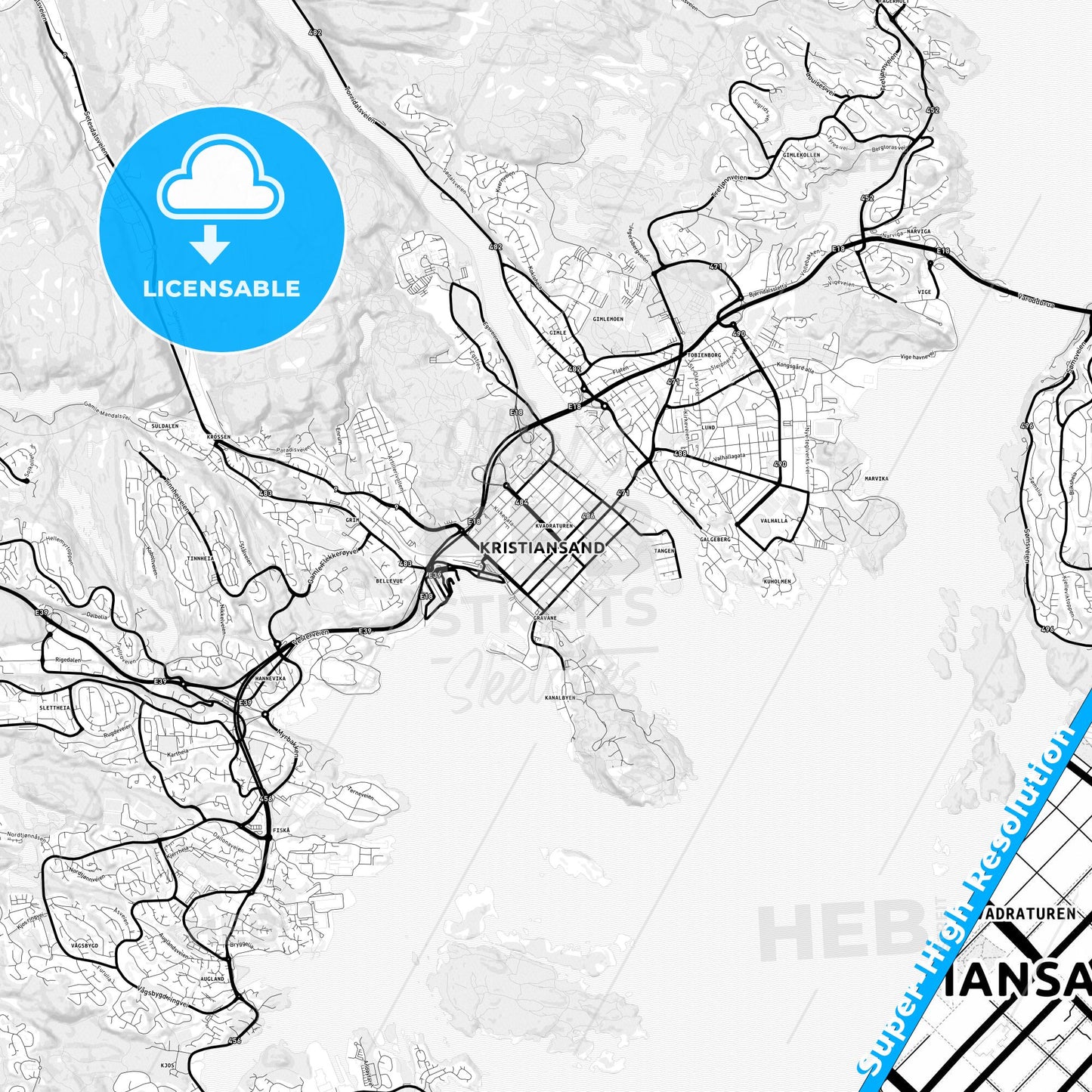 Kristiansand, Norway Light Map with Street Names, City Names, and Districts