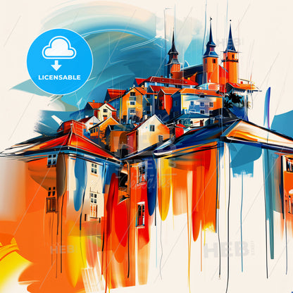 Vibrant Kristiansand, Norway - A Painting Of A Building With Towers