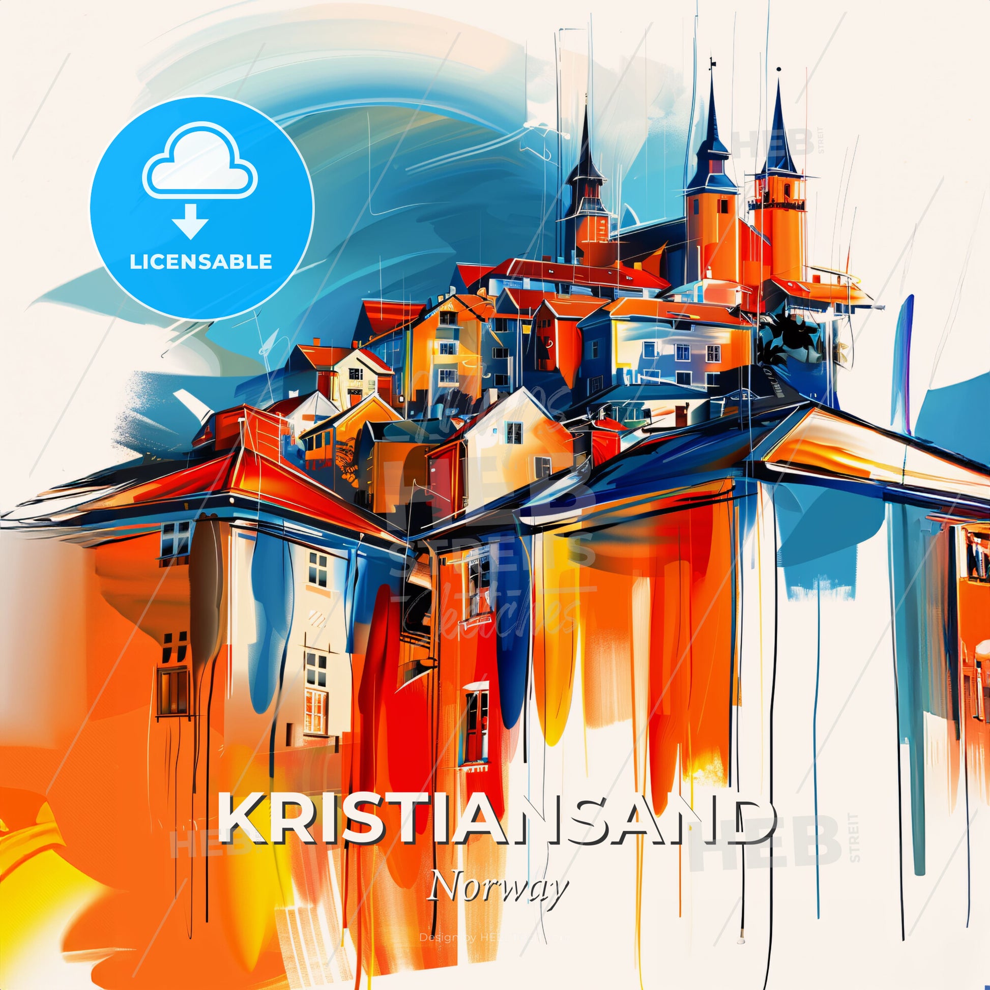 Vibrant Kristiansand, Norway - A Painting Of A Building With Towers - Square format print template