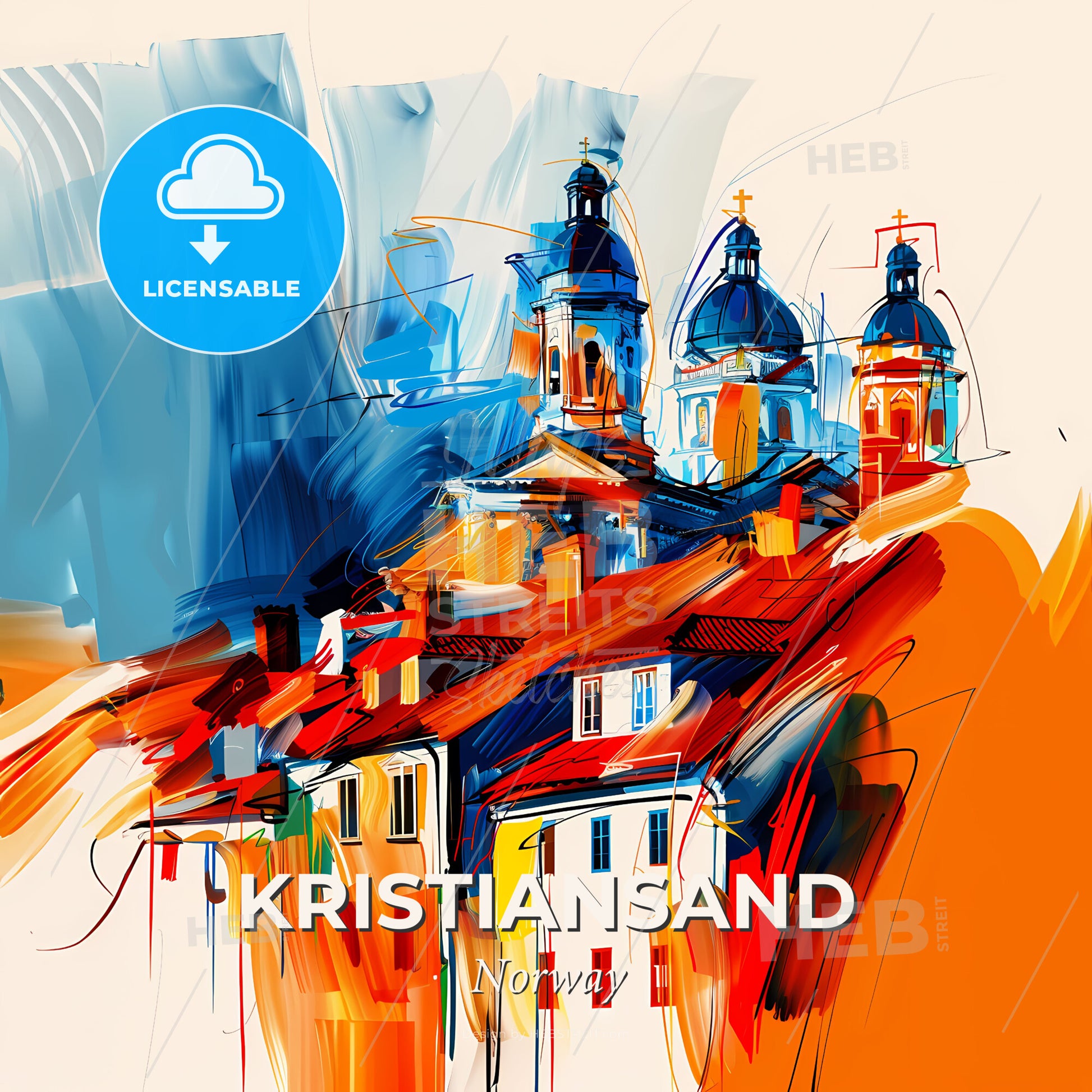 Vibrant Kristiansand, Norway - A Painting Of A Building With Domes - Square format print template