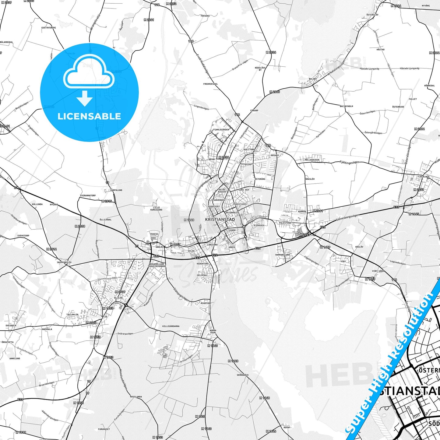 Kristianstad, Sweden light map with streetnames, citynames and districts