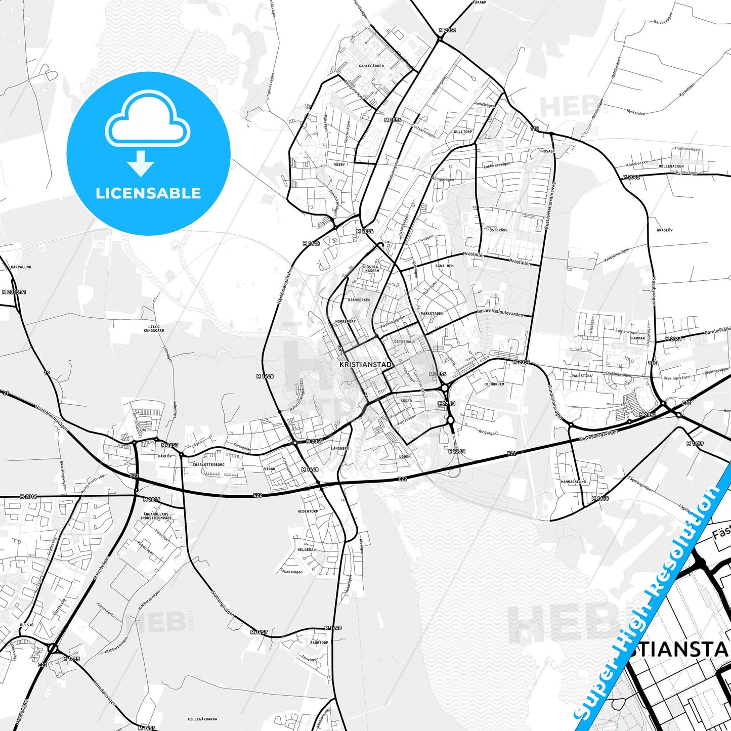 Kristianstad, Sweden Light Map with Street Names, City Names, and Districts