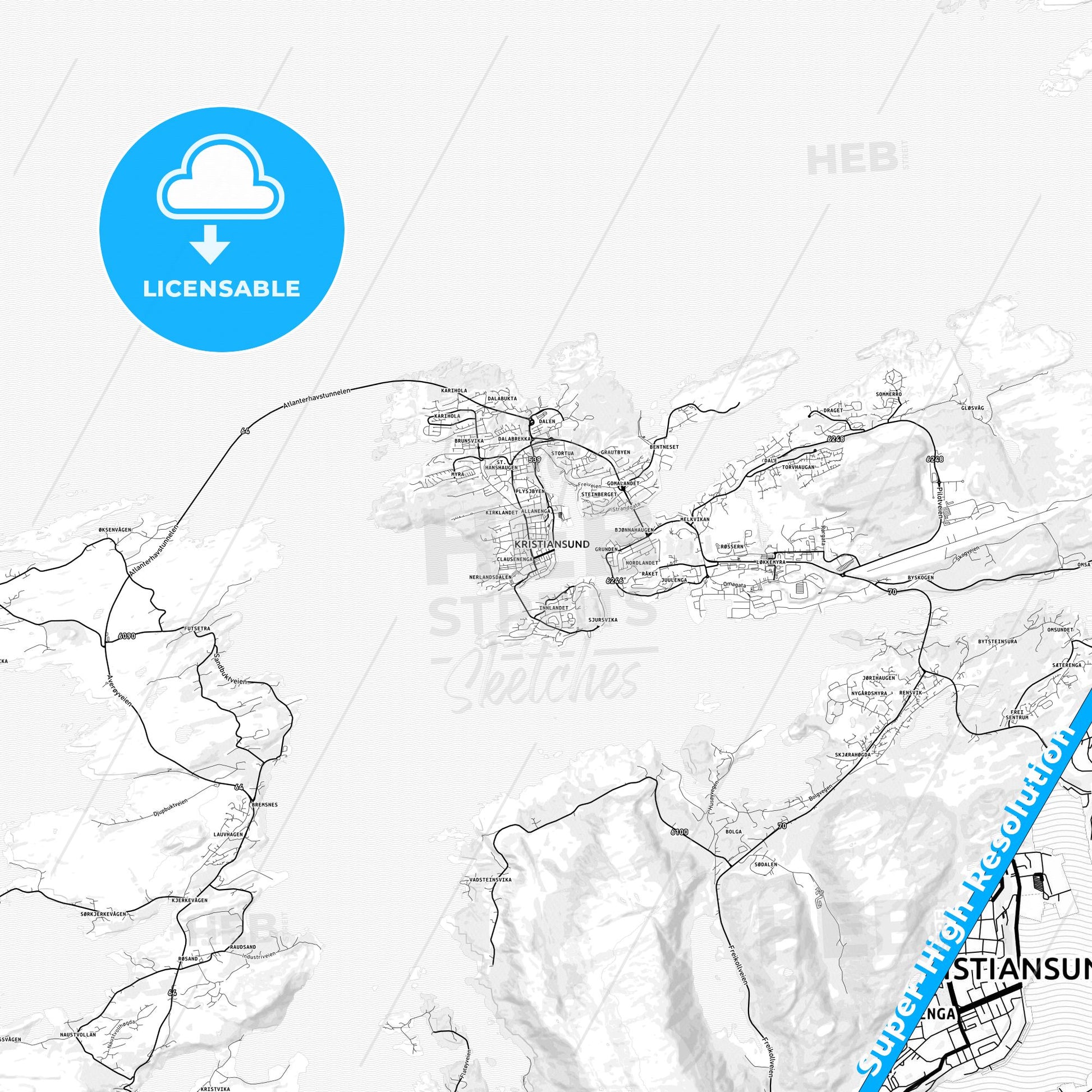Kristiansund, Norway light map with streetnames, citynames and districts