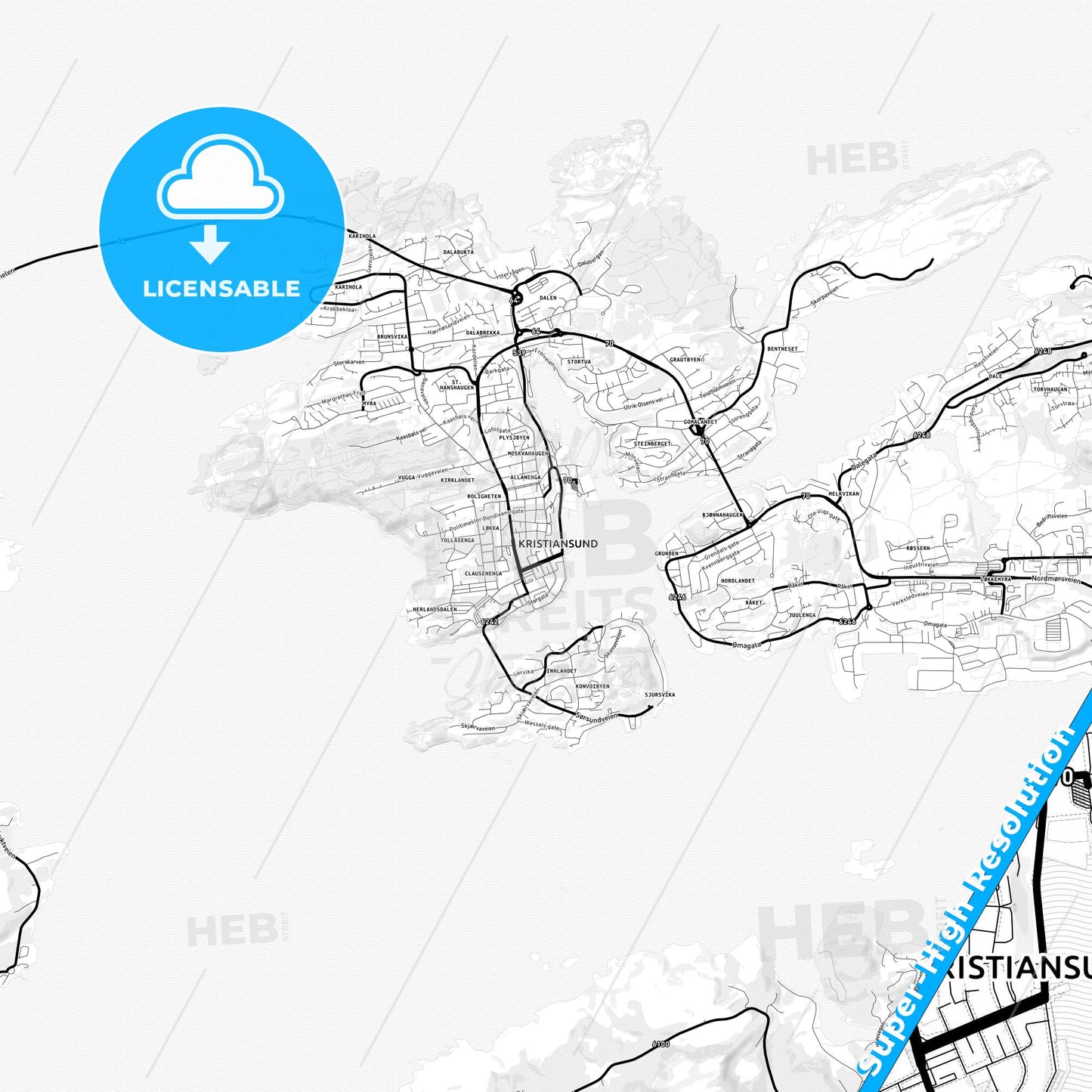 Kristiansund, Norway Light Map with Street Names, City Names, and Districts