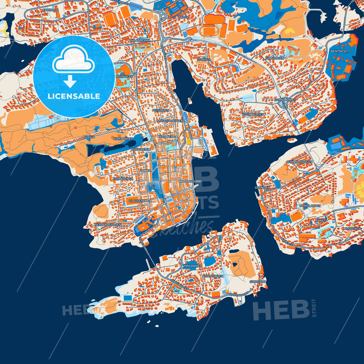 Colorful Kristiansund Street Map with Labels and Buildings