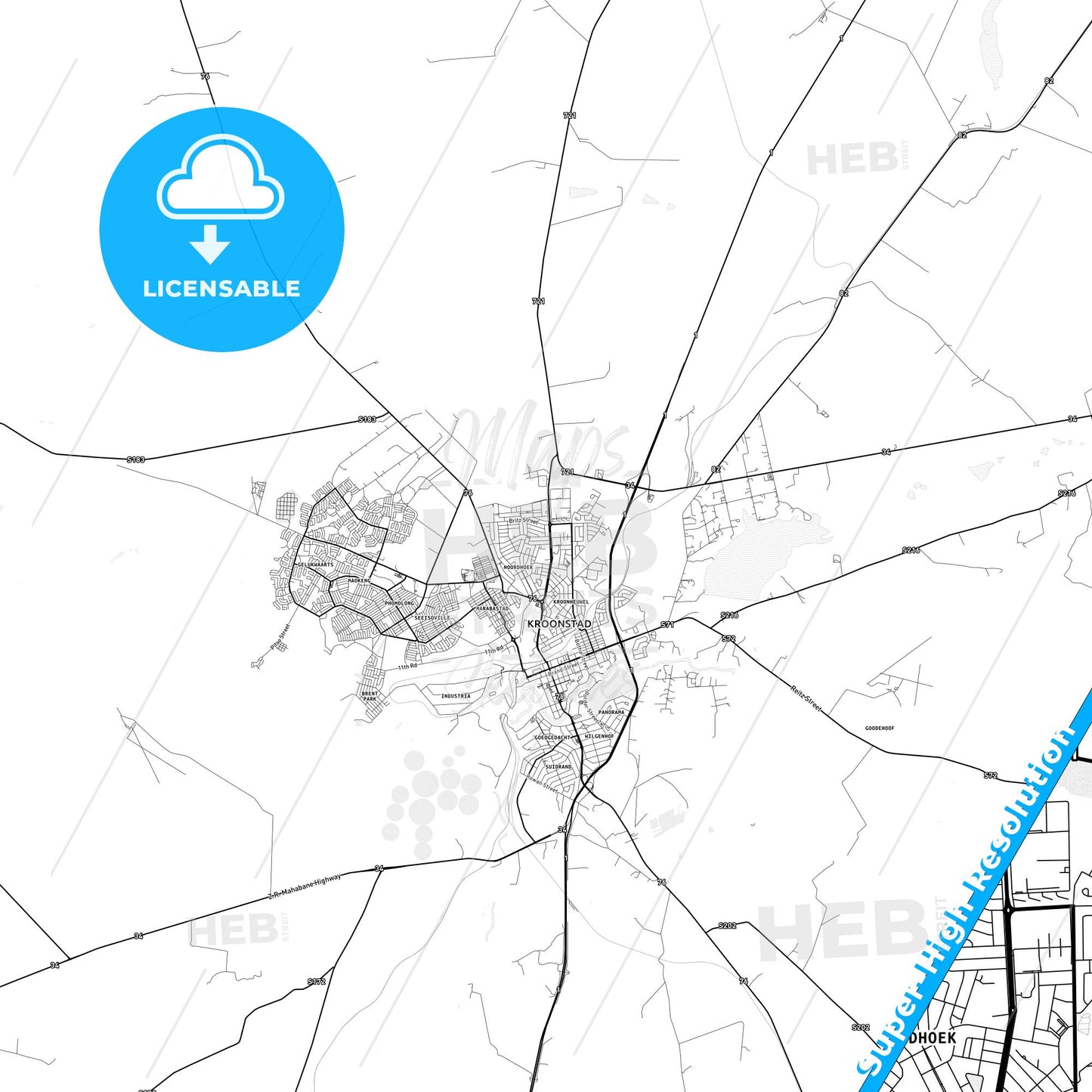 Kroonstad, South Africa light map with streetnames, citynames and districts