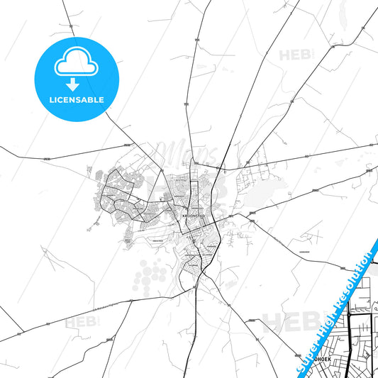 Kroonstad, South Africa light map with streetnames, citynames and districts