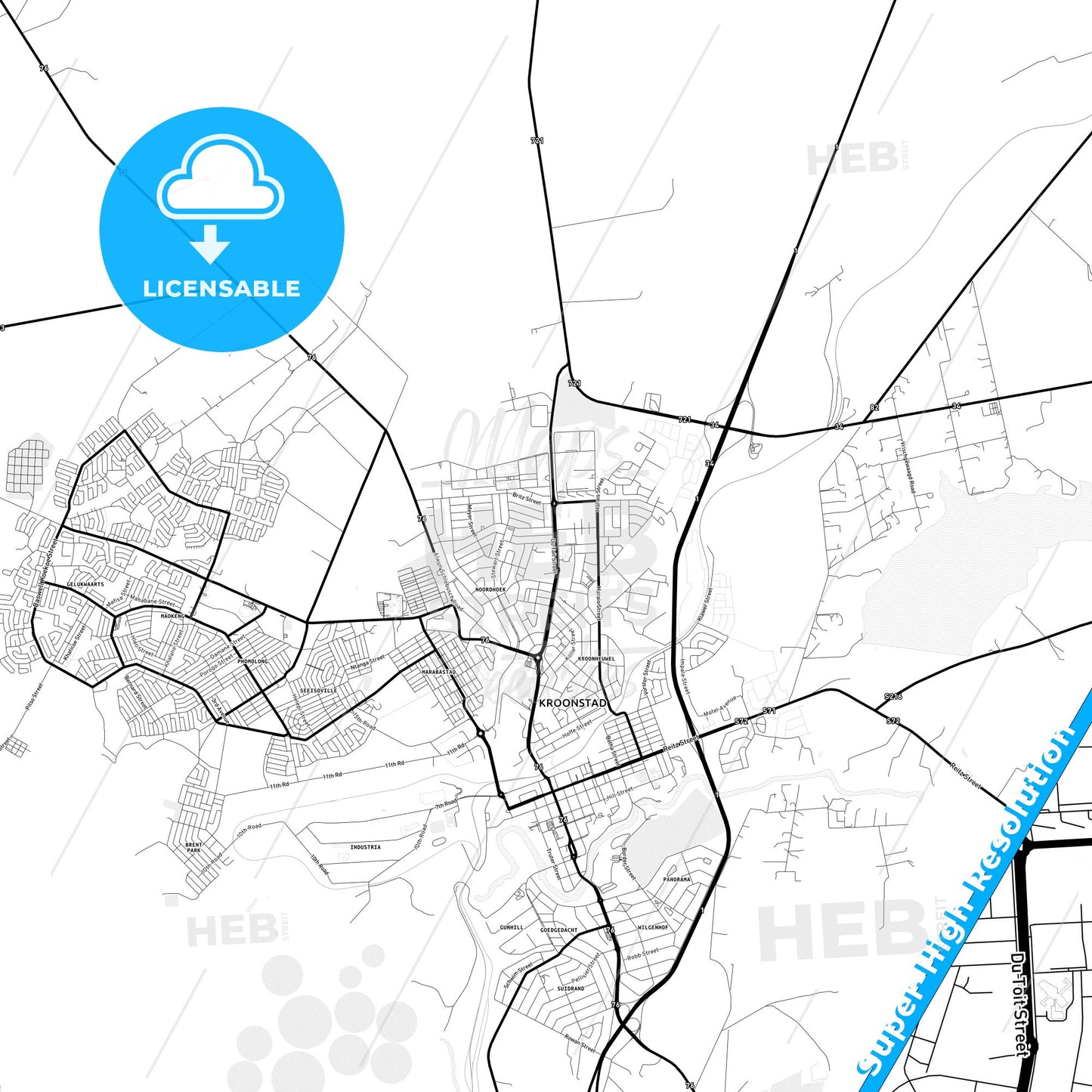 Kroonstad, South Africa Light Map with Street Names, City Names, and Districts