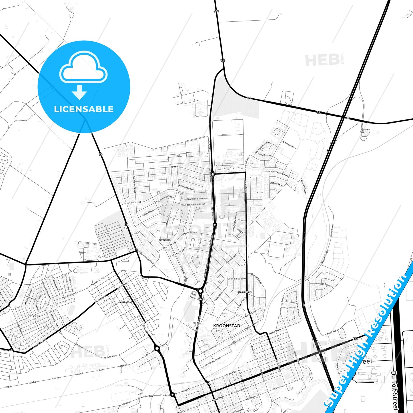 Kroonstad, South Africa Light Map with Street Names, City Names, and Districts