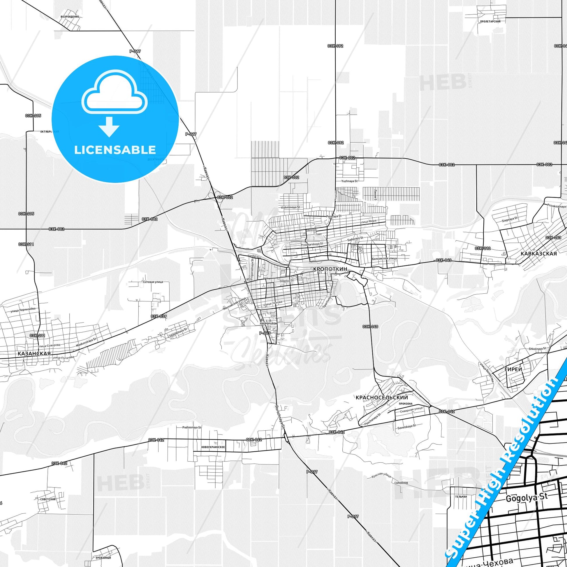 Kropotkin, Russia light map with streetnames, citynames and districts