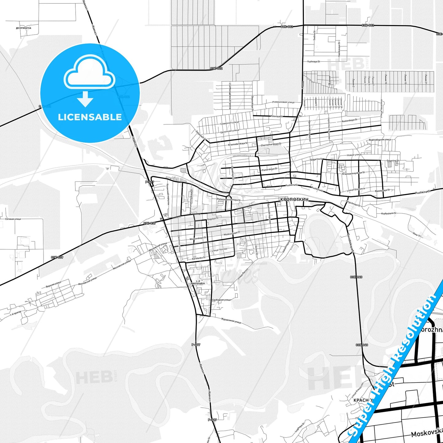 Kropotkin, Russia Light Map with Street Names, City Names, and Districts