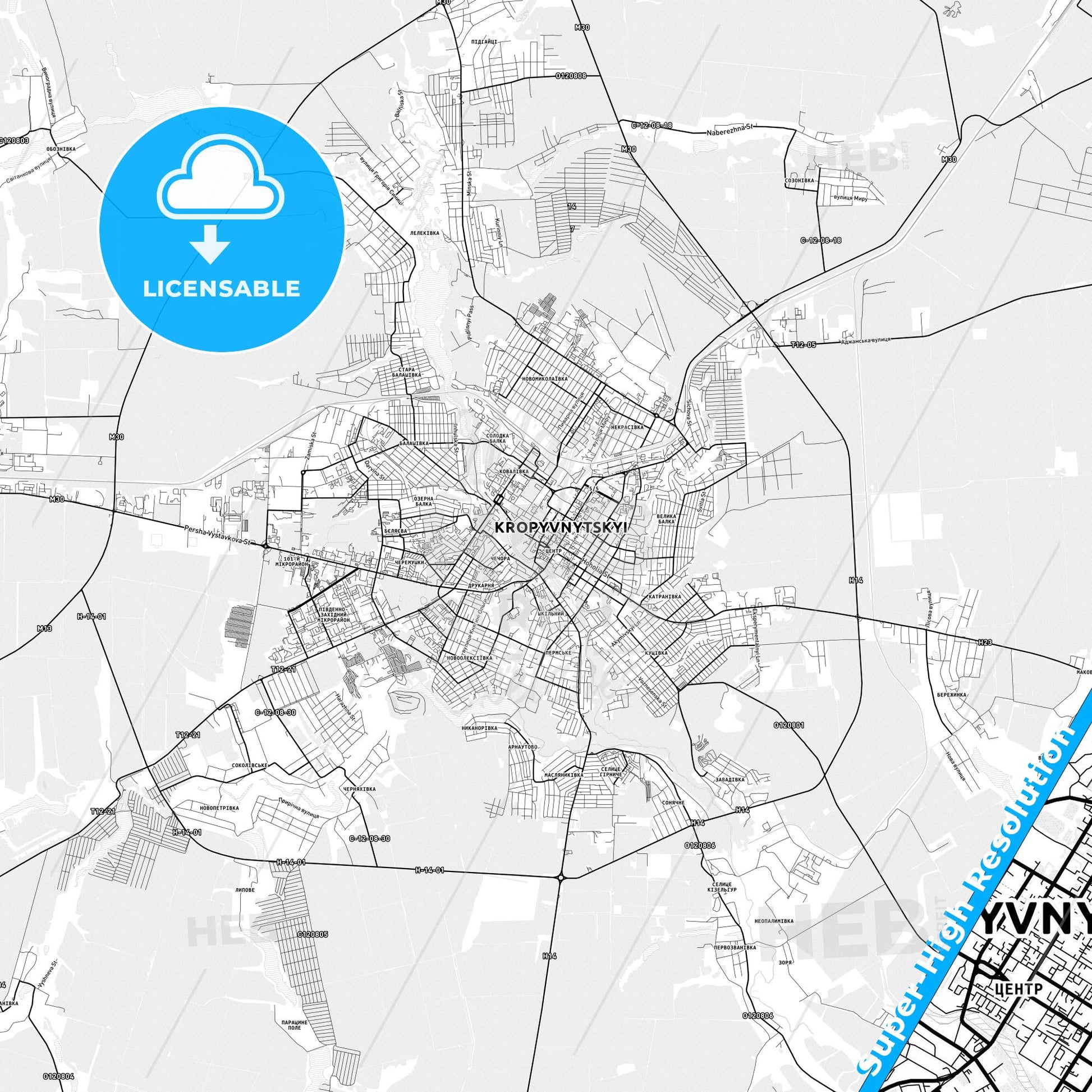 Kropyvnytskyi, Ukraine light map with streetnames, citynames and districts