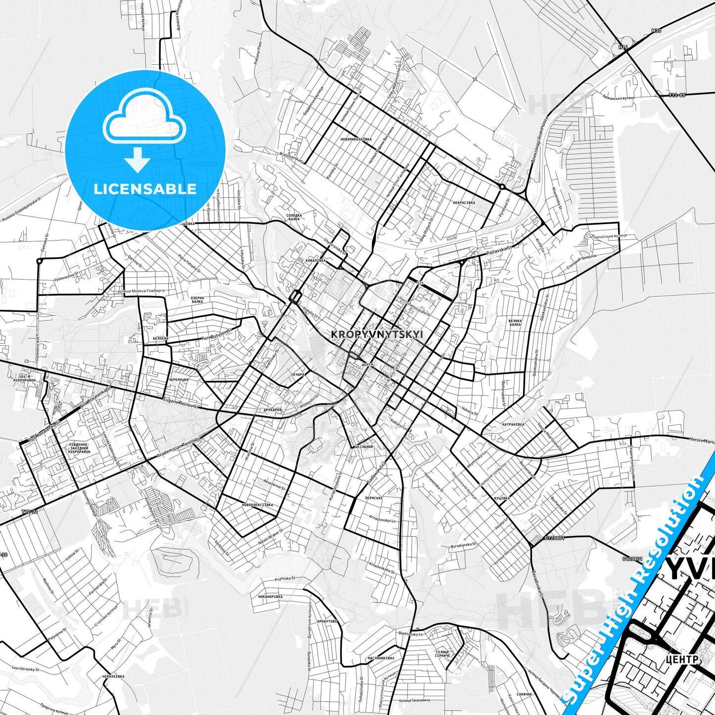 Kropyvnytskyi, Ukraine Light Map with Street Names, City Names, and Districts