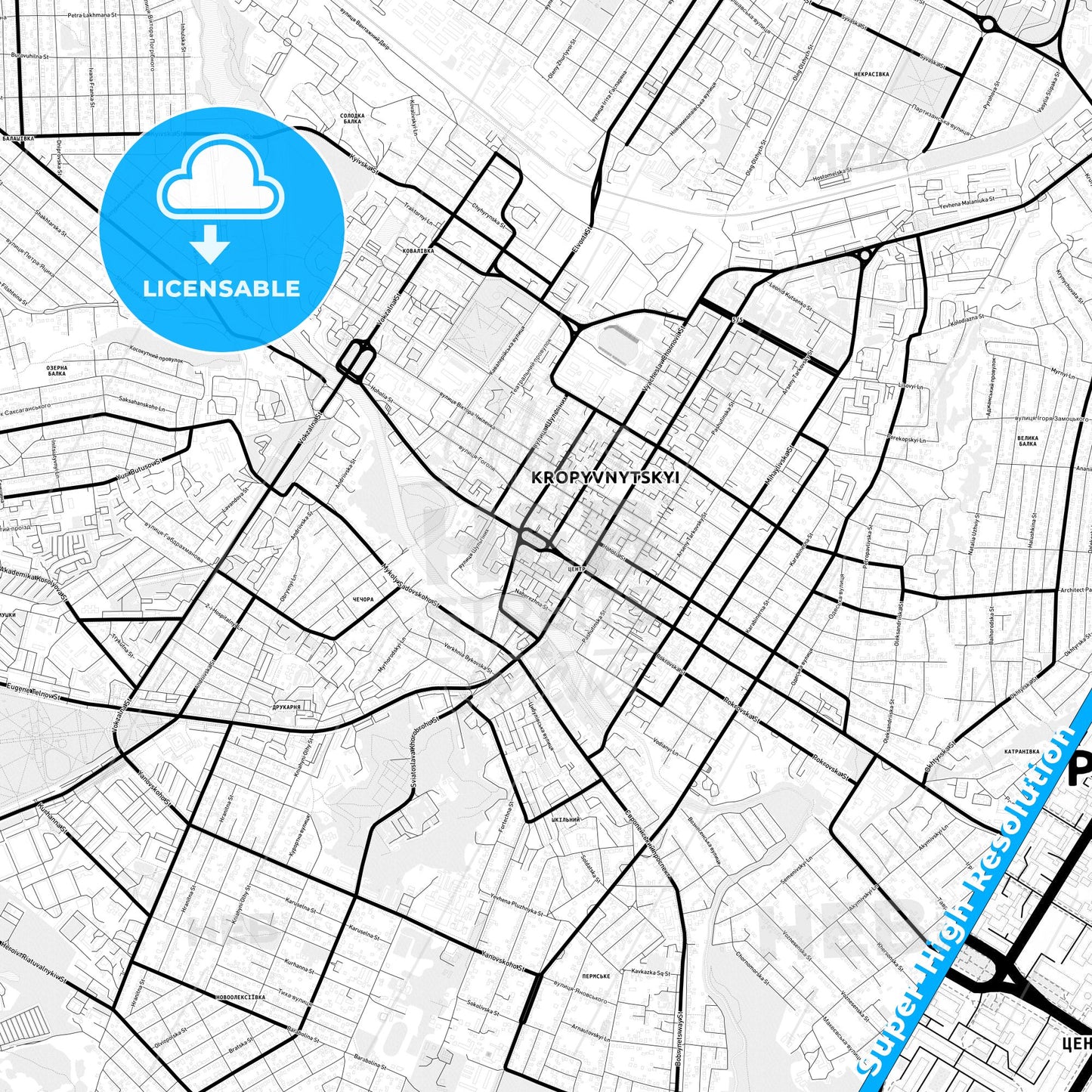 Kropyvnytskyi, Ukraine Light Map with Street Names, City Names, and Districts