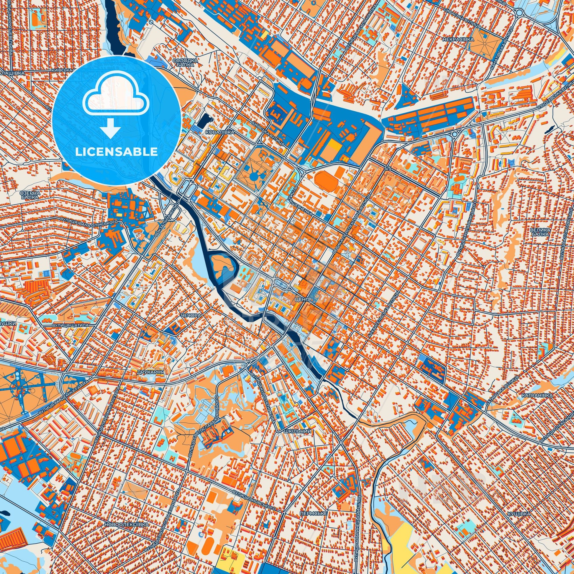 Colorful Kropyvnytskyi Street Map with Labels and Buildings