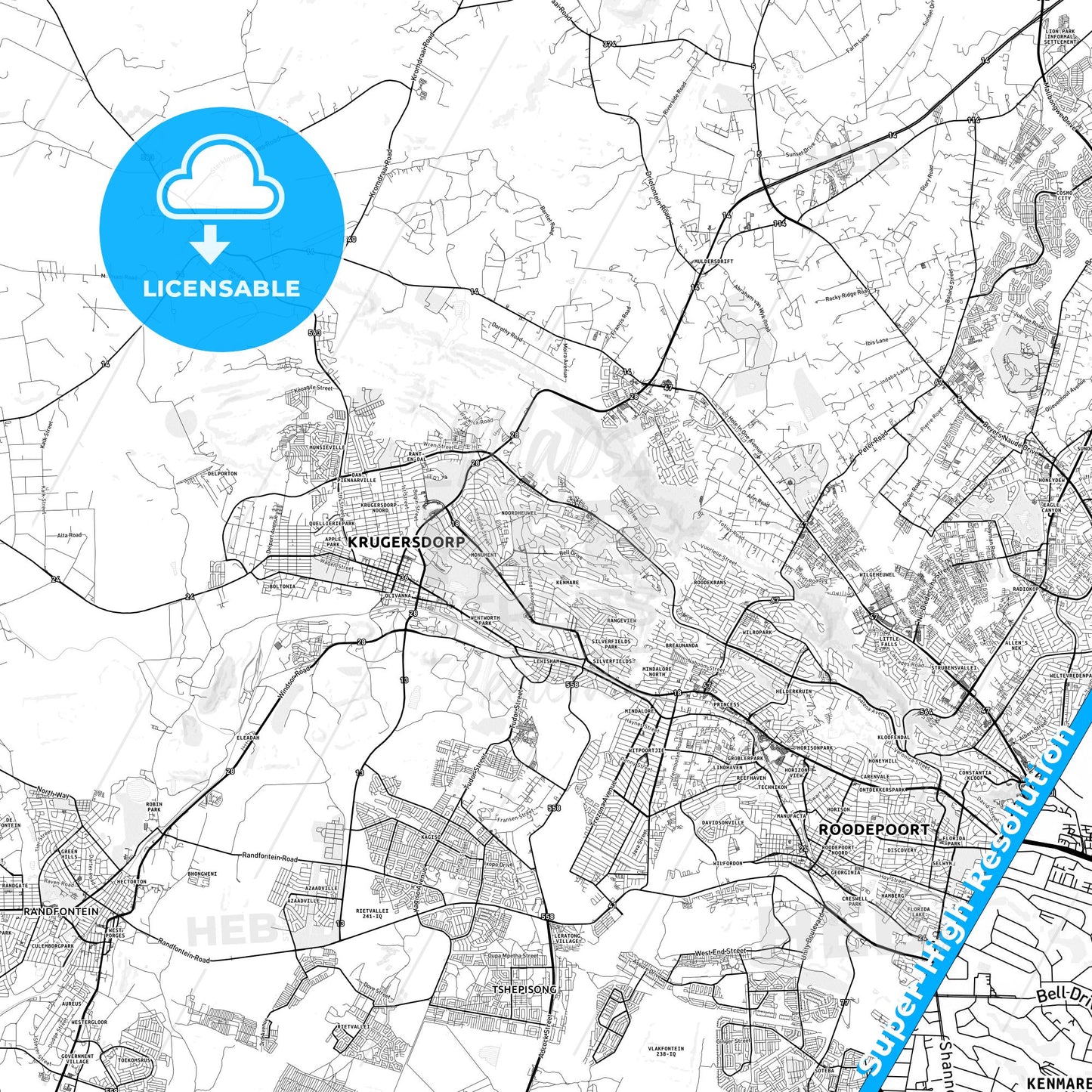 Krugersdorp, South Africa light map with streetnames, citynames and districts