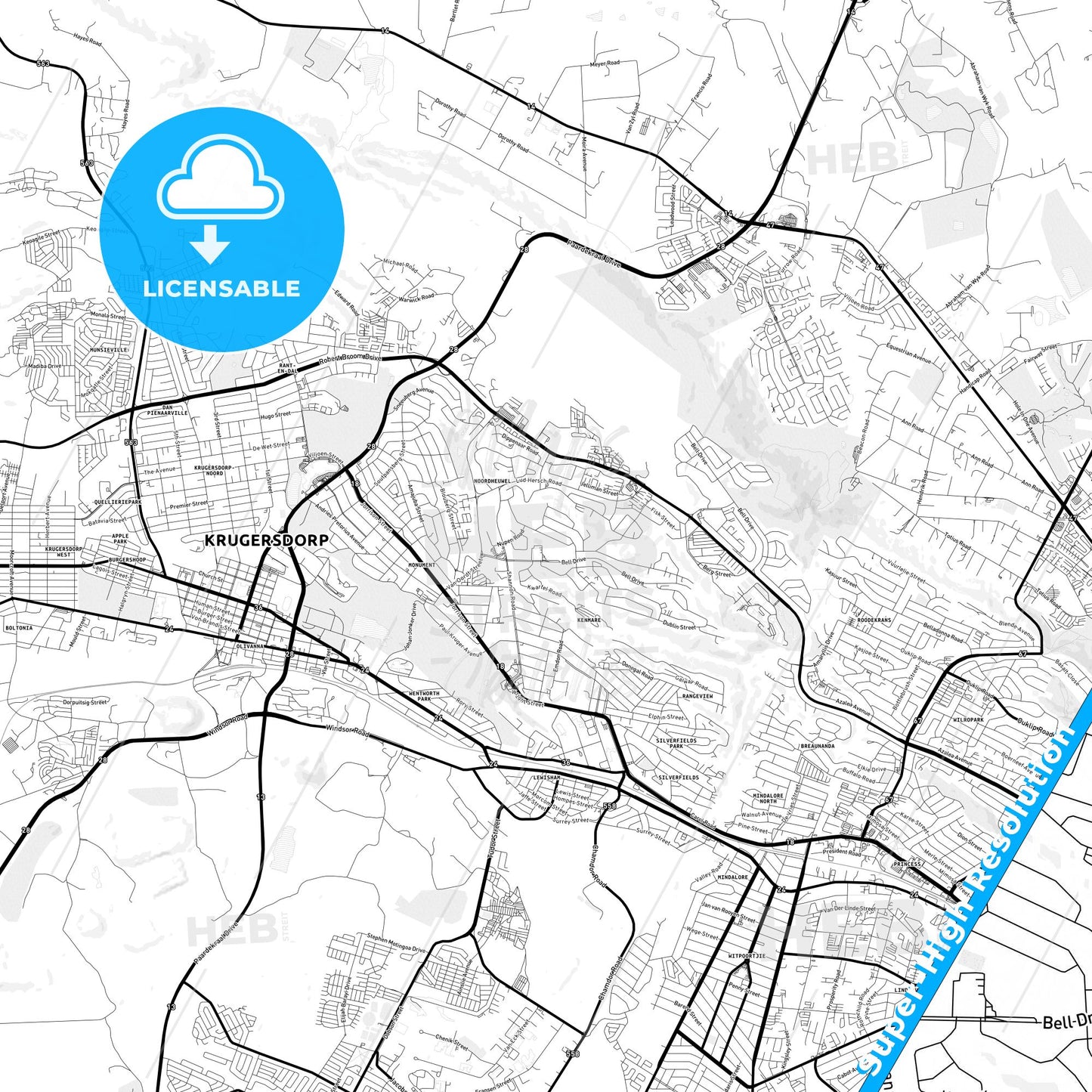 Krugersdorp, South Africa Light Map with Street Names, City Names, and Districts