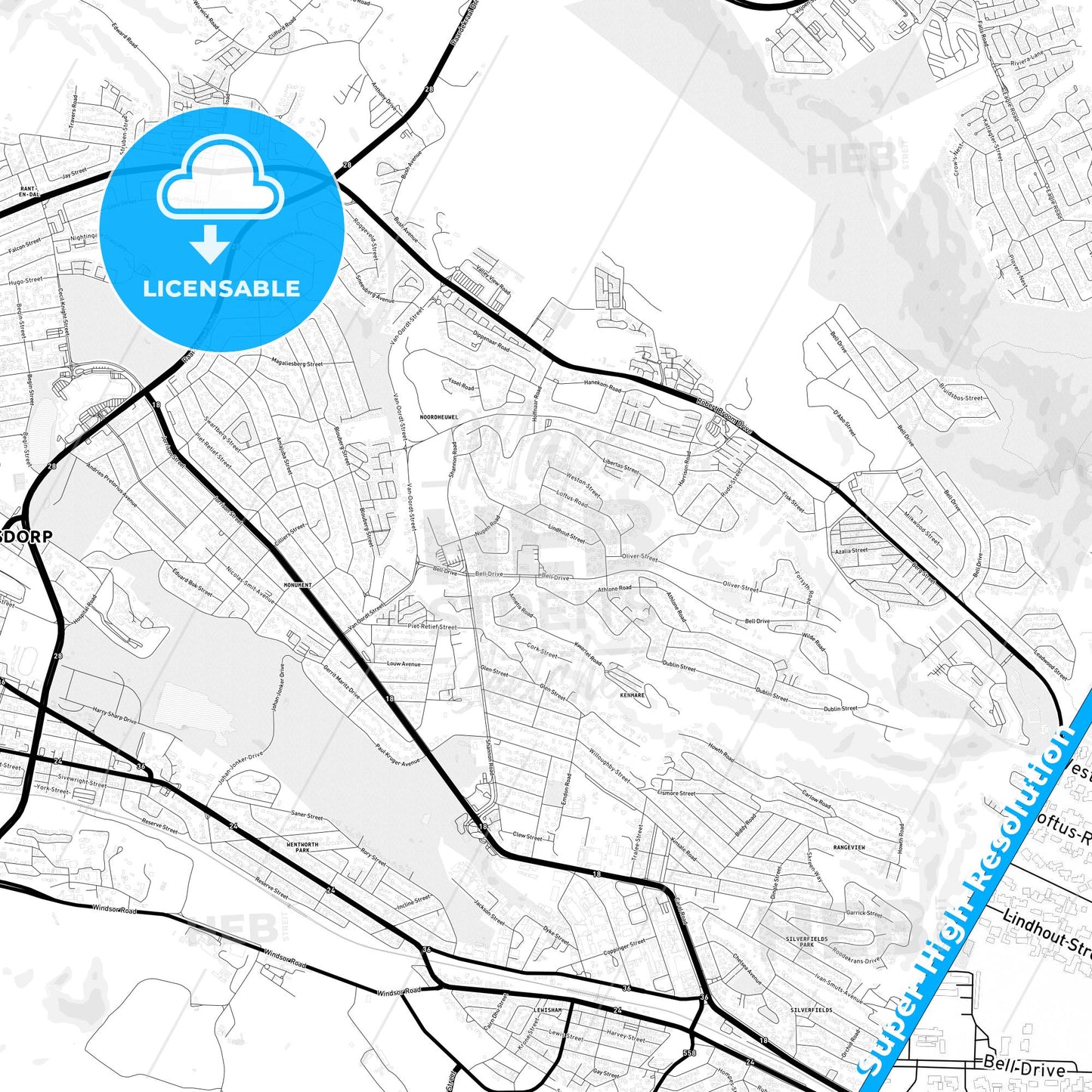 Krugersdorp, South Africa Light Map with Street Names, City Names, and Districts