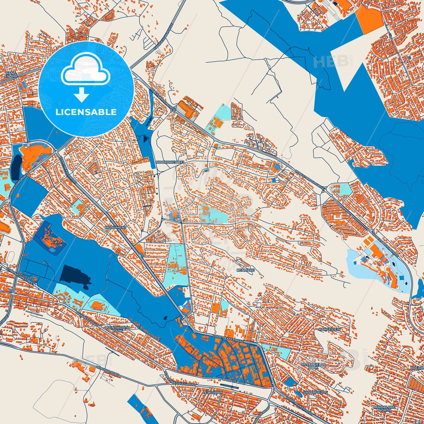 Colorful Krugersdorp Street Map with Labels and Buildings