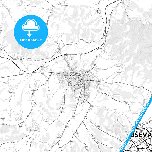 Kruševac, Serbia light map with streetnames, citynames and districts