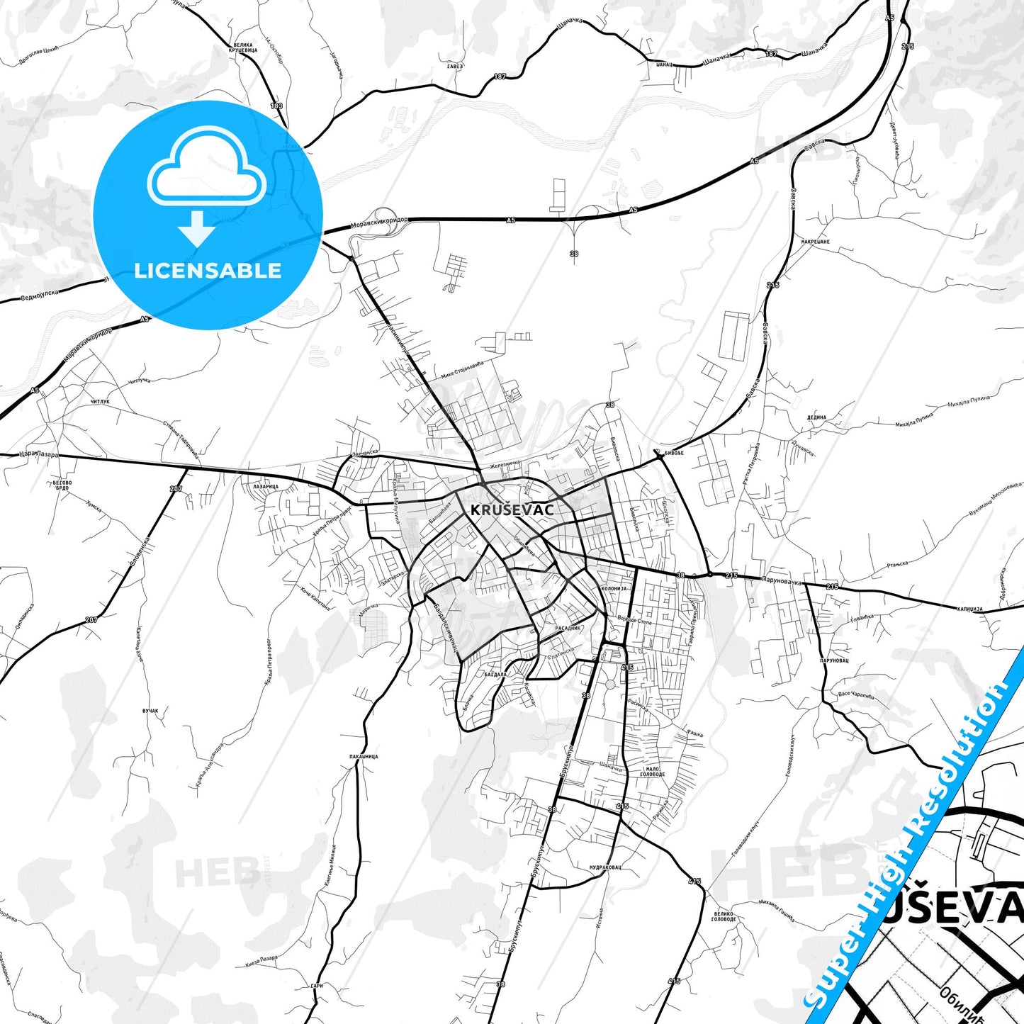 Kruševac, Serbia Light Map with Street Names, City Names, and Districts