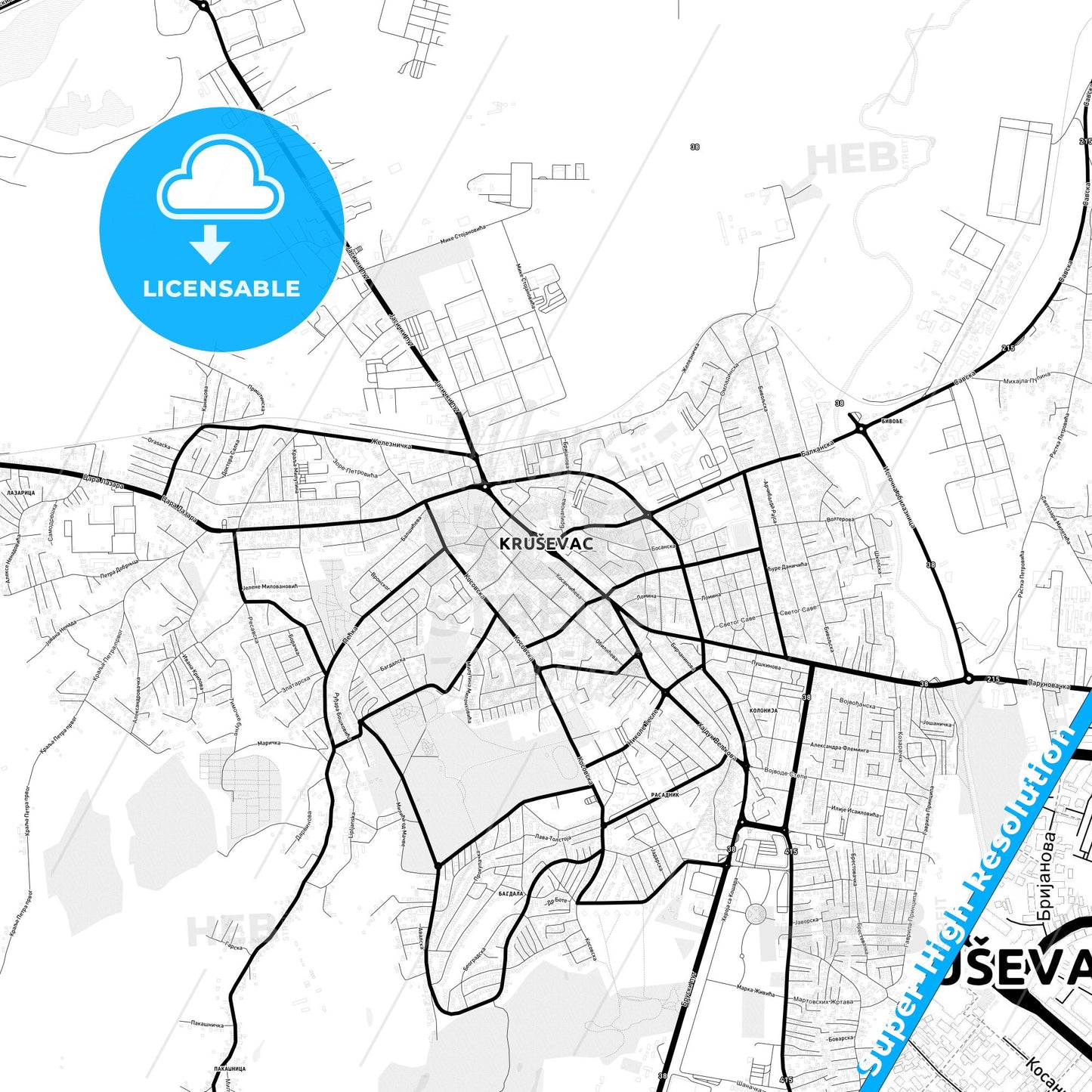 Kruševac, Serbia Light Map with Street Names, City Names, and Districts