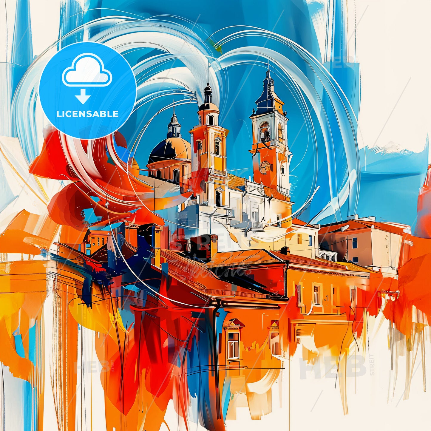 Vibrant Кривий Ріх, Ukraine - A Painting Of A Building With Towers And A Blue And Orange Swirl