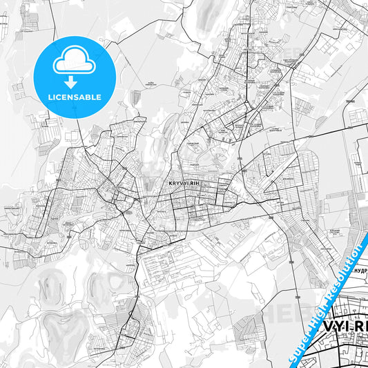 Kryvyi Rih, Ukraine light map with streetnames, citynames and districts