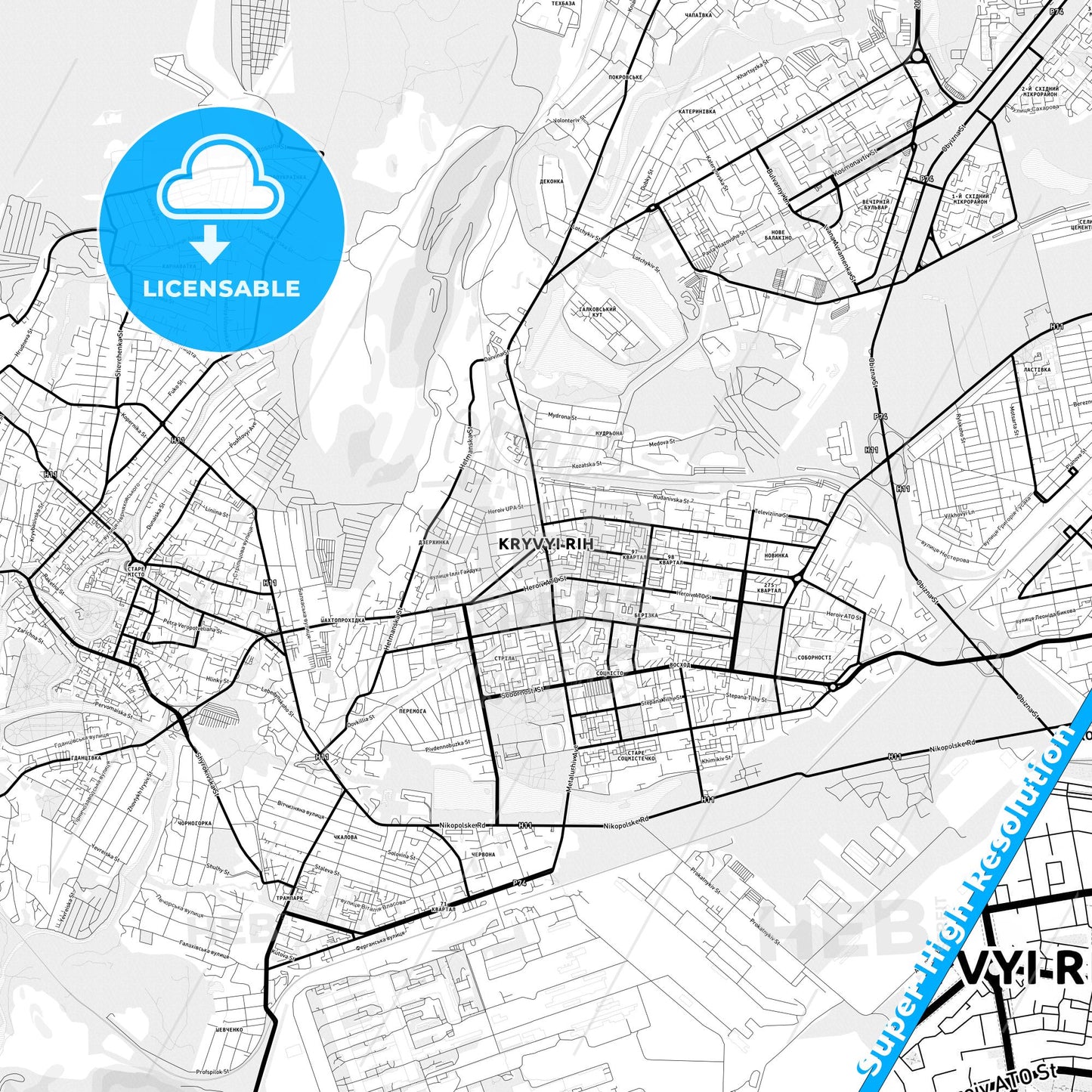 Kryvyi Rih, Ukraine Light Map with Street Names, City Names, and Districts