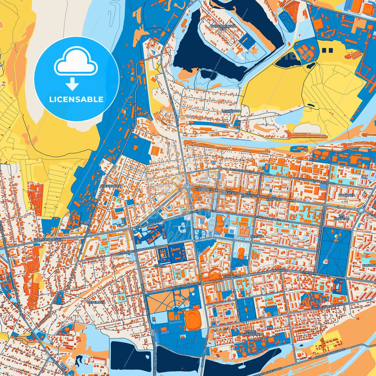Colorful Kryvyi Rih Street Map with Labels and Buildings