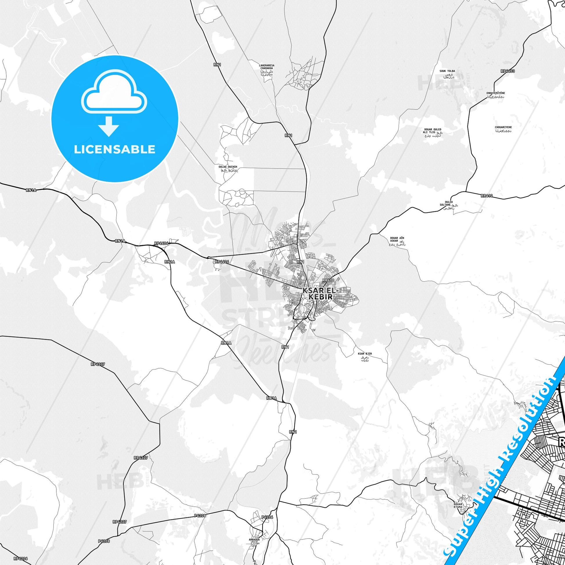 Ksar El Kebir, Morocco light map with streetnames, citynames and districts