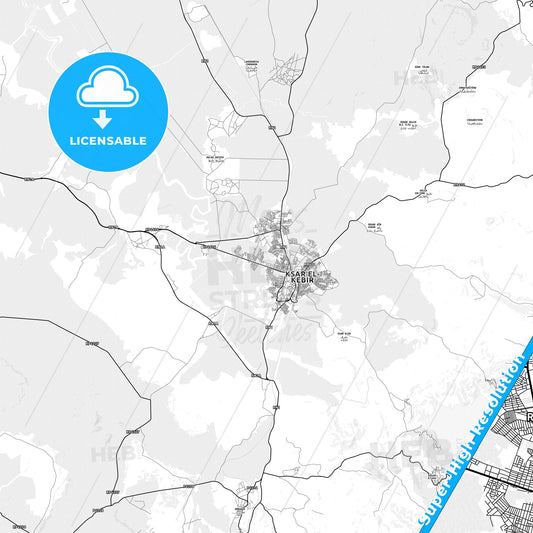 Ksar El Kebir, Morocco light map with streetnames, citynames and districts