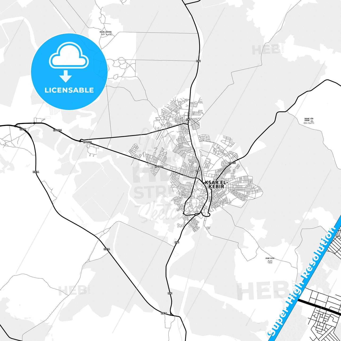 Ksar El Kebir, Morocco Light Map with Street Names, City Names, and Districts
