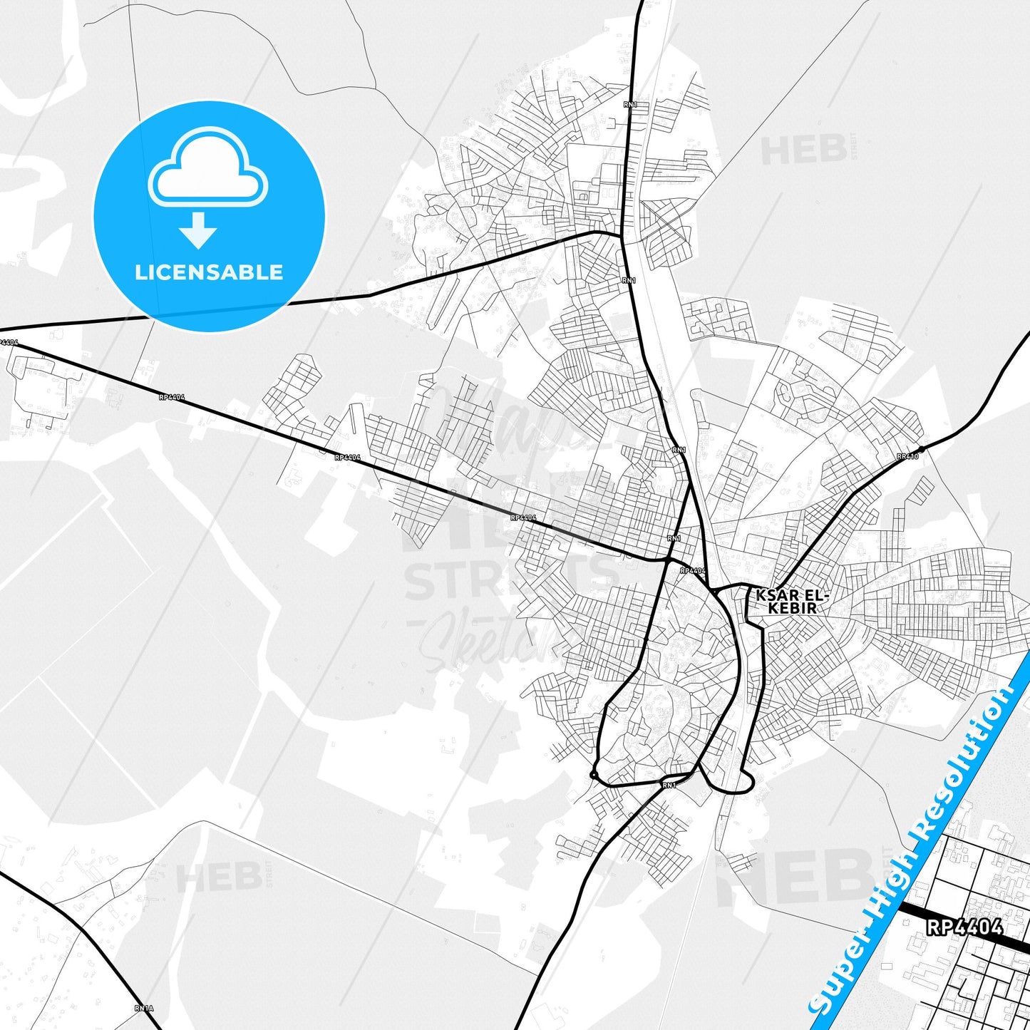 Ksar El Kebir, Morocco Light Map with Street Names, City Names, and Districts